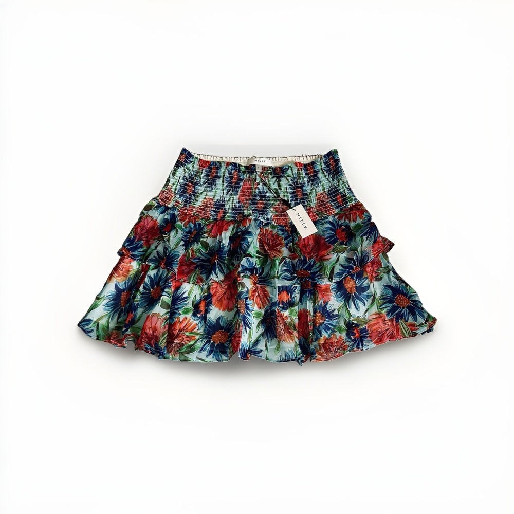 MILLY Floral Tiered Mini Skirt Sz 6 Wyatt Paint Dahlia Smocked Boho 26ES59